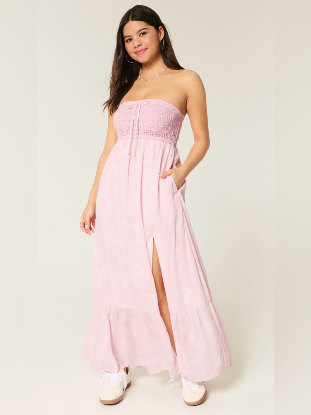 Hollister Strapless Crochet-Style Mix Maxi Dress | Pink